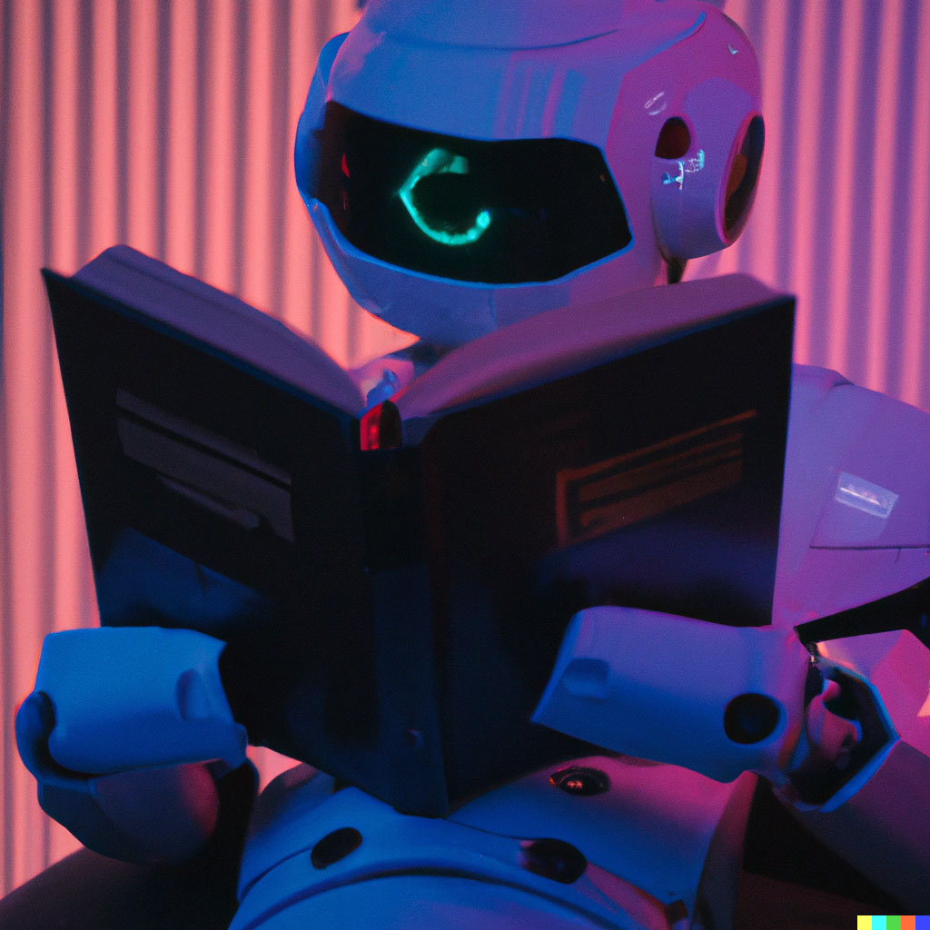 DALL·E prompt: robot reading a book colorful lighting, synthwave, 2001_ A Space Odyssey